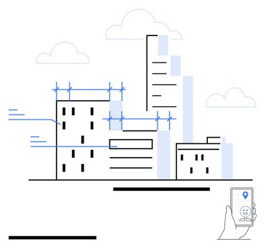 İnşaat halindeki şehir binaları, iskelesi olan akıllı telefonlar GPS konumunu gösteriyor, arka planda çok az bulut var. Mimarlık, kentsel planlama, teknoloji, inşaat, mühendislik için ideal