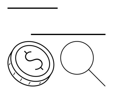 Bir dolarlık madeni parayı inceleyen büyüteç, mali konuların detaylı incelenmesi. Mali denetim, yatırım analizi, ekonomik araştırma, bankacılık, iş stratejisi ve eğitim için ideal