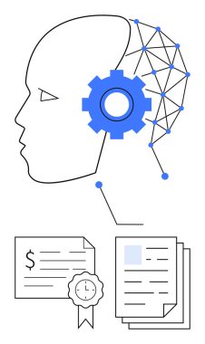 Mavi dişli, ağ düğümlü, sertifikalı ve belgeli insan kafası profili. Yapay zeka, yenilik, teknoloji, eğitim, araştırma eğitimi iş stratejisi modern soyut çizgi için ideal