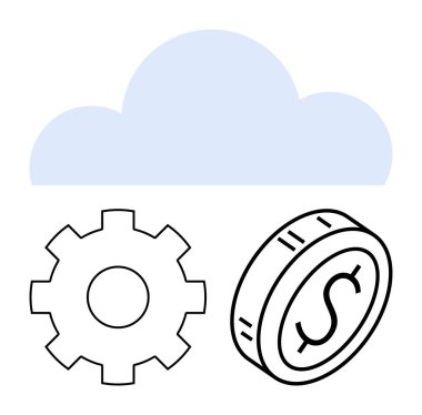 Dişli mavi bulut ve dolar işareti teknolojiyi, finans ve yeniliği vurguluyor. Bulut hesaplama, fintech, iş, ekonomi, üretkenlik, teknoloji soyut çizgisi için ideal