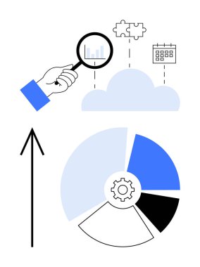 Veri analiz eden büyüteç, bulmaca ve takvime bağlı bulut, oklu pasta grafiği. İş analizi, veri araştırması, süreç optimizasyonu, stratejik planlama, verimlilik için ideal