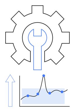 Vites ve ingiliz anahtarı, gelişim gösteren bir grafik ve yukarı doğru ok ile teknik bilgiyi sembolize eder. Yenilik, gelişme, üretkenlik, mühendislik, mekanik, büyüme, iyileştirme için ideal