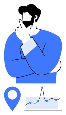 Mavi giyinmiş, elleri çenesinde tefekkür eden bir adam. Aşağıdaki grafik konum sembolünün yanında veri eğilimlerini gösteriyor. Strateji, analiz, karar verme, veri görselleştirme, iş büyümesi için ideal
