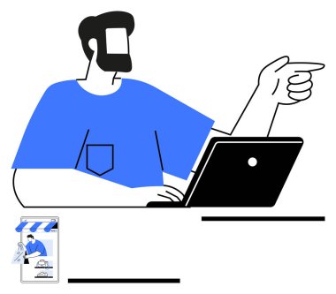 Bilgisayarda çalışan bir adam, el kol hareketleri yapan, dijital bir dükkan gösteren küçük bir akıllı telefon. E-ticaret için ideal, çevrimiçi iletişim, dijital iş, iş akışı, takım çalışması, müşteri hizmetleri, soyut hat