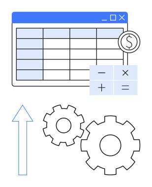 Hesap makinesi tuşları ve dolar işaretinin yanındaki hesap tablosu. İki vites aşağıda ve yukarı ok solda. Finans, bütçe, otomasyon, iş stratejisi, verimlilik, verimlilik artışı için ideal. Çizgi