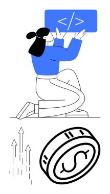 Female programmer kneeling while holding code symbol, with rising arrows and dollar coin below. Ideal for coding, tech education, web development, software engineering, financial growth, programming clipart