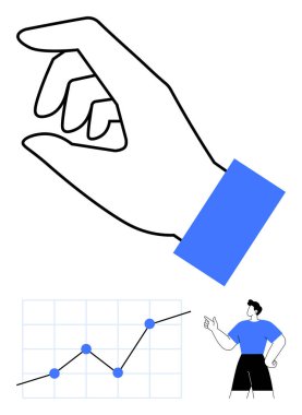Yükselen çizginin üzerinde mavi veri noktalarıyla büyük el hareketi, grafiği işaret eden kişi. Ticari büyüme, analitik, veri eğilimleri, planlama, başarı, mali stratejiler, soyut çizgi için ideal