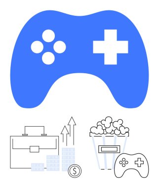 Dört dairesel düğmeli ve çapraz düğmeli mavi oyun kontrolörü. Patlamış mısır kabı, içinde para ve çizelge sembolleri olan evrak çantası. Oyun, eğlence, finans, iş, pazar için ideal