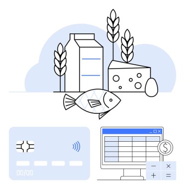 Süt, peynir, yumurta, balık ve kredi kartlı buğday ve mali tablosu olan bilgisayar ekranı. Finans, perakende, market planlaması, bütçe ekonomisi e-ticaret soyut çizgisi için ideal