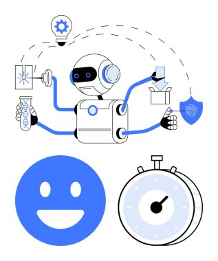 DNA, parmak izi, fabrika araçları, ampul, zamanlayıcı, mutlu yüz, sembolize teknoloji, otomasyon, yapay zeka yeniliği biyometrik güvenlik araştırması ve yaratıcılığı ile robot çoklu görevi