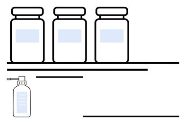 Raflara dizilmiş üç ilaç şişesi ve yakında bir sprey kutusu var. Sağlık, eczane, depolama, organizasyon, ilaç, tedavi, güvenlik, soyut çizgi düz metafor için ideal