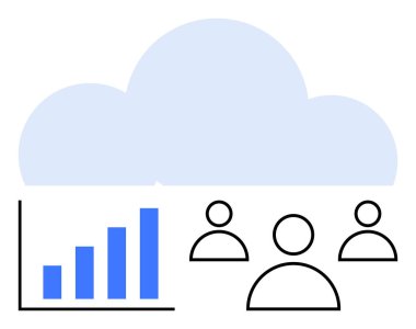 Mavi bir bulut altında üç kullanıcı simgesi yanında çubuk grafik. Veri yönetimi, takım çalışması, analitik, bulut depolama, ağ oluşturma, teknoloji, iletişim için ideal. Soyut çizgi düz metafor