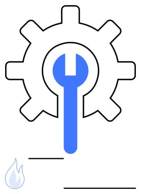 Gear and wrench combination representing settings, optimization, or repair. Ideal for tech support, engineering, system maintenance, troubleshooting, mechanics, software updates abstract line flat clipart