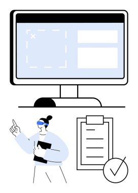 Arayüz ögelerine sahip monitör, profesyonel olarak fikirlere işaret eden pano, kontrol listesi ve işaretli pano. Üretkenlik, takım çalışması, planlama, iş akışı, organizasyon, görev yönetimi soyut