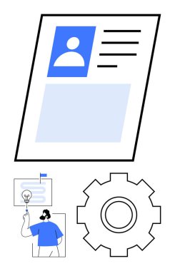 Kullanıcı profili sayfasında avatar ve metin ayrıntıları, ayarlar veya süreç için teçhizat, ampul fikri olan eğitimci bulunur. Kullanıcı yönetimi, eğitim, yenilik, iş akışı, yaratıcılık ve planlama için ideal