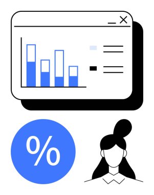 Tarayıcı penceresinde veri çubukları, mavi çemberde yüzde işareti ve at kuyruklu ve yakalı iş kadını simgesi olan bar tablosu. Veri analizi, performans değerlendirmesi, iş ölçümleri için ideal