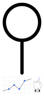 Veri göstergeleriyle bir çizgi grafiğinin üzerinde büyüteç ve el hareketleriyle akıllı görüntü simgesi. Analiz, araştırma, teknoloji, veri görselleştirme, izleme, kullanıcı deneyimi, soyut