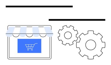 İki vitesin yanında güneşlik ve alışveriş arabası ikonu olan bir mağaza önü, işlevselliği temsil ediyor. E-ticaret, dijital pazarlama, iş stratejisi, çevrimiçi alışveriş, web, v09site geliştirme için ideal