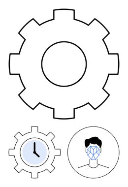 Daha küçük saat teçhizatlı ve yüz tanımlama çizgisi olan büyük dişli. Teknoloji, zaman, otomasyon, yapay zeka, verimlilik, yenilik, dijital sistemler için idealdir. Soyut çizgi düz metafor