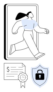 Dijital sıçramayı temsil eden akıllı telefondan çıkan kişi, mühürlü, güvenli kalkan ikonlu mali belgeyi de içeriyor. Dijitalleştirme, güvenli işlemler, fintech, çevrimiçi güvenlik için ideal