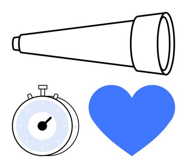 Teleskop, kronometre ve kalp, bilim, tutku ve zamanı birleştirir. Keşif için ideal, zaman izleme, odaklanma, rüyalar öncelikler duygusal yönetim soyut çizgi düz metafor