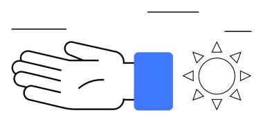 Mavi manşetli el, ışınlı güneş sembolüne doğru uzanır. Destek, enerji, verme, büyüme, umut, bakım pozitifliği kavramları için idealdir. Çizgiler hareketi tasvir eder. Satır metaforu