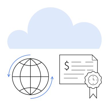 Cloud computing idea with globe arrows, certificate with ribbon, and financial document Ideal for technology, computing, digital services, global business, remote work, certification growth. Simple clipart