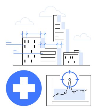 İnşaat halindeki binalar, sağlık haçı ve kentsel planlama, sağlık ve veri güdümlü kavrayışları ön plana çıkaran analitik çizelgeler. Mimarlık, şehir planlaması, sağlık yeniliği ve veriler için ideal