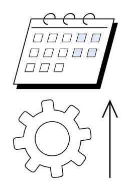 Üzerinde dişli ve yukarı doğru ok bulunan işaretlenmiş takvim, verimlilik ve planlama olduğunu gösteriyor. İş akışı yönetimi, programlama, proje planlaması, verimlilik, iş dünyası için ideal