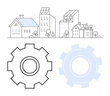 Güneş panelleri, ağaçlar ve minimalist vites simgeleriyle kentsel binalar. Sürdürülebilirlik, yenilenebilir enerji, çevre dostu yenilik, kentsel planlama, geliştirme, temiz teknoloji soyut