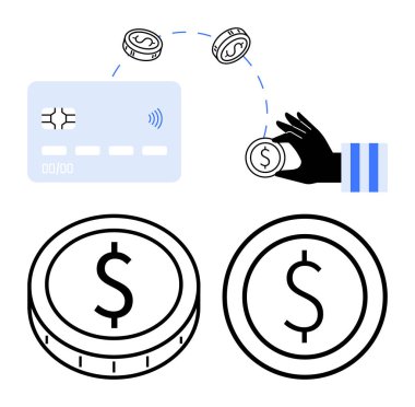 Dolar işaretli sikkeler, el ele tutuşan bozuk para ve para transferi gösteren kredi kartı. Finans, e-ticaret, fintech, tasarruf, bankacılık işlemleri yatırım kavramları için idealdir. Soyut satır düzlüğü