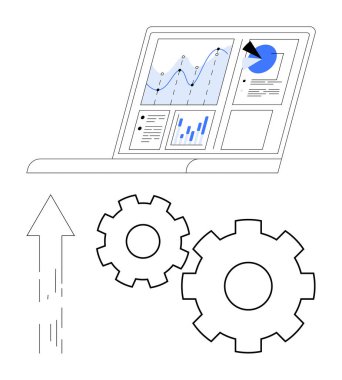 Veri tabloları, grafikleri ve analitiği olan bir dizüstü bilgisayar ekranı ve yukarı doğru ok. Ticari büyüme, veri analizi, verimlilik, verimlilik, teknoloji finansmanı ve strateji için ideal. Çizgi
