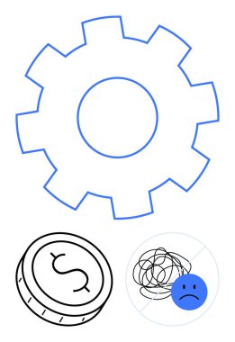 Büyük vites, dolar işareti olan bozuk para ve hayal kırıklığını temsil eden üzgün yüz ikonu ile karışık bir çizgi. İş konuları için ideal, teknik sorunlar, mali zorluklar, duygusal stres, kafa karışıklığı