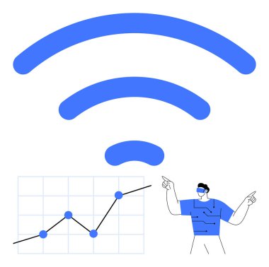 Yükselen veri grafiğinin üzerinde mavi kablosuz sinyal simgesi ve bir işaret figürü. Teknoloji, ağ oluşturma, veri analizi, bağlantı, büyüme, gelişmeler ve soyut düz metafor için ideal