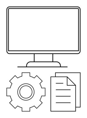 Bir bilgisayar monitörünün, teçhizatının ve teknolojiyi, sistem ayarlarını ve veri organizasyonunu sembolize eden belgelerin minimalist tasarımı. Teknoloji, iş, bilişim, verimlilik iş akışı optimizasyonu için ideal