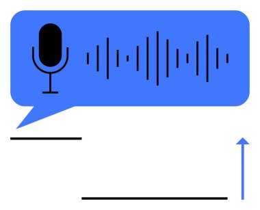 Ses dalgası grafikleriyle mavi konuşma balonunda bulunan mikrofon simgesi ses girdisini gösterir. Yapay zeka, konuşma teknolojisi, iletişim, ses girişi, transkripsiyon, podcastler, sanal asistanlar için ideal