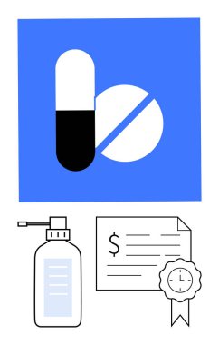 Mavi arka planı olan iki hap, bir sprey şişesi ve reçete sertifikası. Sağlık, ilaç, eczane, reçeteler, sağlık faturaları, doktor hizmetleri ve zaman yönetimi için ideal