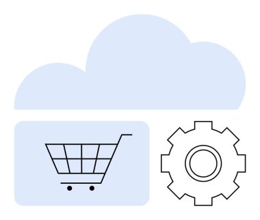 Dikdörtgenin içinde, bitişik teçhizatlı bir bulutun altında alışveriş arabası. E-ticaret, bulut hesaplama, çevrimiçi alışveriş, SaaS, dijital mağazalar, otomasyon, soyut düz metafor için ideal