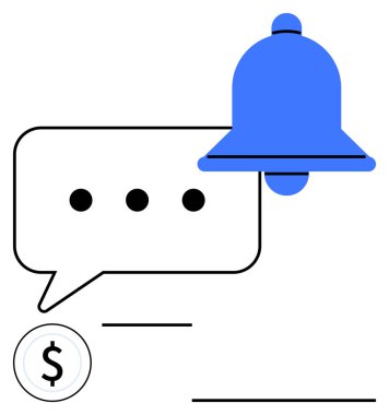 Sohbet baloncuğunun üstündeki mavi uyarı zili, yanında üç nokta ve dolar simgesi var. Uyarılar, mesajlaşma, finans, iletişim, hatırlatıcılar, dijital iş akışlarını güncellemek için ideal. Soyut çizgi düz metafor