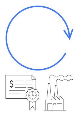 Bir çember oluşturan geri dönüşüm oku dolar işareti ve kurdeleli sertifika, bacalı fabrika. Sürdürülebilirlik, ekonomi, geri dönüşüm, sanayi, sertifika, çevre yönetimi için ideal