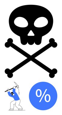 Kurukafa ve çapraz kemikler tehlikeyi simgeliyor ya da mavi giyen bir işçinin üzerinde yüzde işaretli mavi bir dairenin yanında kazma sallaması riskini. Mali risk için ideal, sıkı çalışma, dikkat, analiz, ekonomik