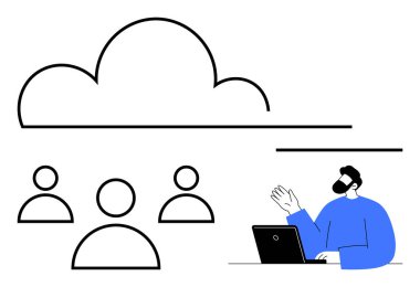 Kullanıcı simgelerinin üzerinde bulut sembolü ve dizüstü bilgisayara el sallayan biri. Takım çalışması, iletişim, bulut hesaplama, uzaktan çalışma, ağ oluşturma, dijital dönüşüm, modern teknoloji kavramları için idealdir. Soyut çizgi