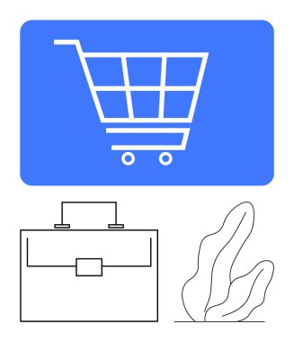 Alışveriş arabası simgesiyle mavi dikdörtgen, evrak çantasının minimalist çizgisi ve soyut yapraklar. E-ticaret, iş, çevrimiçi alışveriş, perakende satış, verimlilik, çevre dostu, soyut çizgi