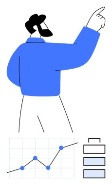 İş adamı artan bir grafik ve kontrol listesini açıklarken kendinden emin bir şekilde el kol hareketi yapıyor. Liderlik için ideal, büyüme analizi, sunumlar, planlama, takım çalışması, hedef belirleme, soyut çizgi düz