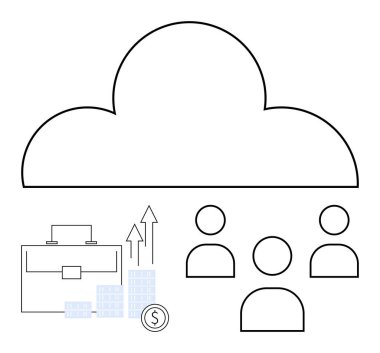 İş sembolleri arasında evrak çantası, kar okları ve kullanıcı grubunun üzerindeki bulut ağına işaret eden para birimi yer alıyor. İş çözümleri için ideal, fintech, bulut depolama, çevrimiçi işbirliği, uzaktan kumanda