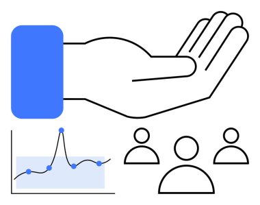 El çizgisi grafiği üç rakam takım çalışmasının veri odaklı karar verme mekanizmasını ve büyümeyi sembolize ediyor. İş stratejileri, koçluk, işbirliği, takım çalışması, liderlik, analitik, araştırma için ideal