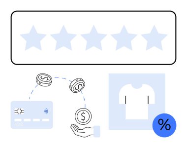 Yıldız derecelendirme, madeni paralar, NFC 'li kredi kartı ve uzatılmış el. Tişört ve indirim yüzdesi simgesi dahil. E-ticaret, çevrimiçi alışveriş, müşteri reytingleri, dijital ödeme sistemleri için ideal