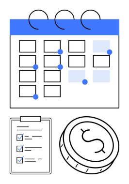 Olay işaretleyicili takvim, işaretli kontrol listesi ve dolar işaretli para. Zaman yönetimi, mali planlama, üretkenlik, zamanlama, organizasyon, görev izleme bütçesi için ideal