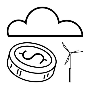 Dolar madeni para ve rüzgar türbini ikonu üzerinde bulut. Fintech, sürdürülebilirlik, bulut hesaplama, çevre, yeşil enerji, finans, teknoloji temaları için idealdir. Satır metaforu