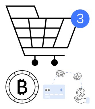 Üç eşyayla alışveriş arabası, Bitcoin madeni para, el ve bozuk paralarla nakit ödeme kartı. E-ticaret, çevrimiçi alışveriş, kripto para işlemleri, dijital ödemeler, mobil bankacılık, fintech